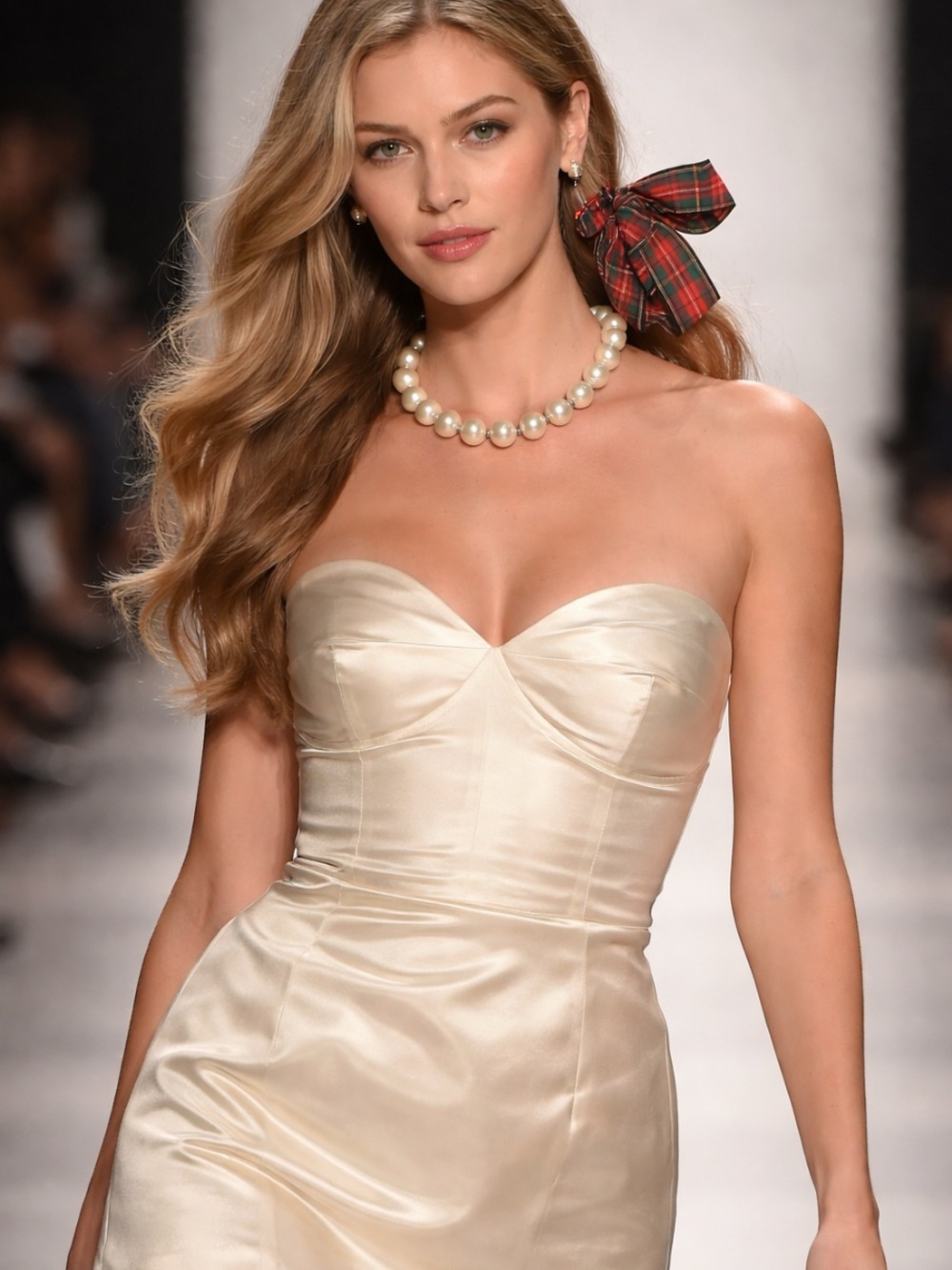 J Crew Pearl Necklace with Red Plaid Ribbon Accent - Picture 2 of 2